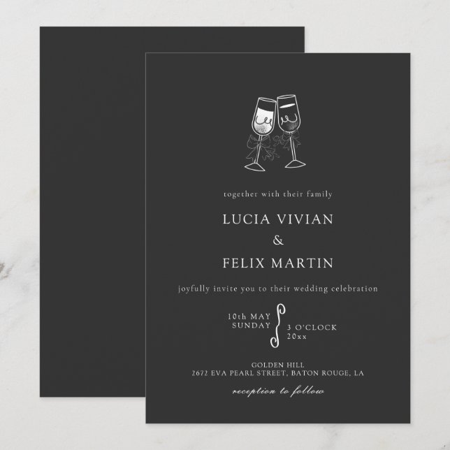 Elegant Black Champagne Wedding Invitation (Front/Back)