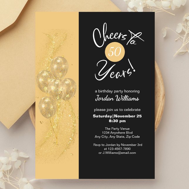 Elegant Black Cheers to 50 Years Birthday Party Invitation (Creator Uploaded)