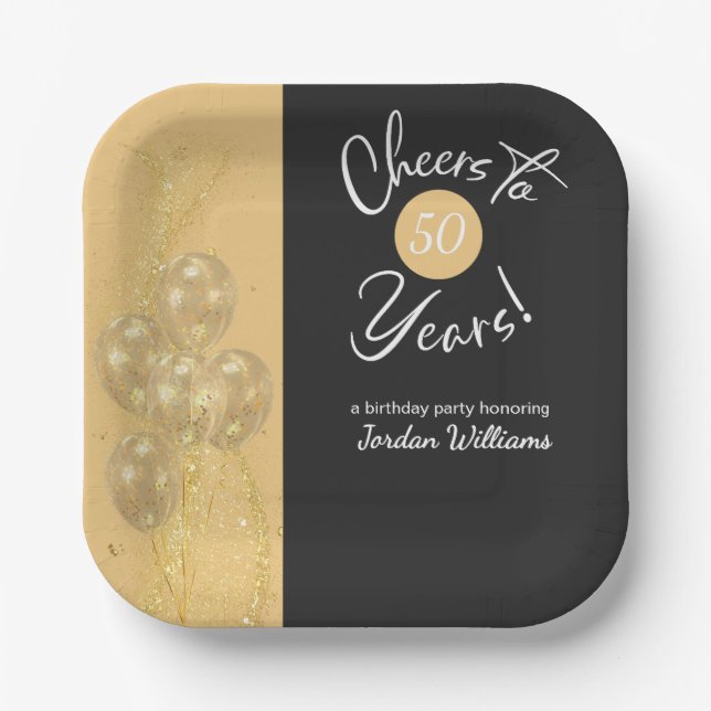 Elegant Black Cheers to 50 Years Birthday Party Paper Plate (Front)