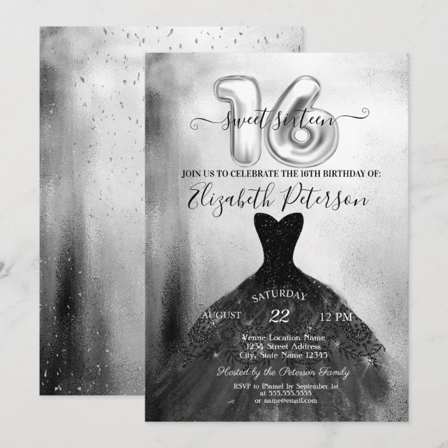 Elegant Black Chic Dress Silver Sweet 16 Party Invitation (Front/Back)