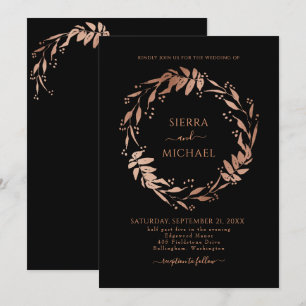 Elegant Black Chic Rose Gold Wreath Wedding Invitation