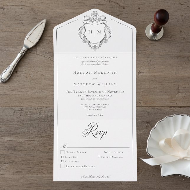 Elegant Black Chinoiserie Bird Crest Wedding All In One Invitation (Creator Uploaded)