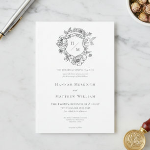 Elegant Black Chinoiserie Bird & Crest Wedding Invitation