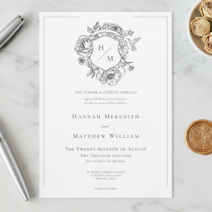 Elegant Black Chinoiserie Bird & Crest Wedding Invitation