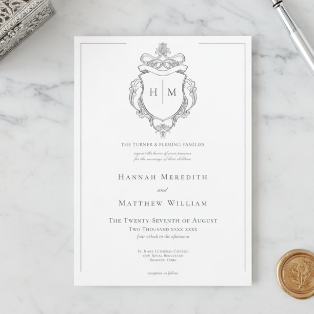 Elegant Black Chinoiserie Bird & Crest Wedding Invitation (Creator Uploaded)