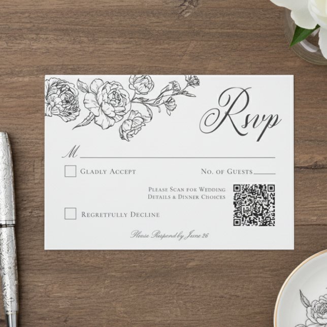 Elegant Black Chinoiserie Bird & Crest Wedding QR RSVP Card (Creator Uploaded)
