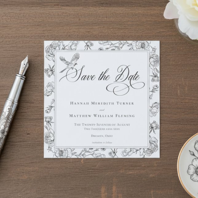 Elegant Black Chinoiserie Bird & Crest Wedding Save The Date (Creator Uploaded)