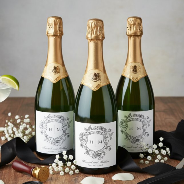 Elegant Black Chinoiserie Bird Crest Wedding Sparkling Wine Label (Creator Uploaded)