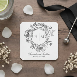 Elegant Black Chinoiserie Bird Crest Wedding Square Paper Coaster