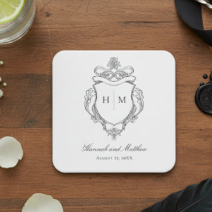 Elegant Black Chinoiserie Bird Crest Wedding Square Paper Coaster