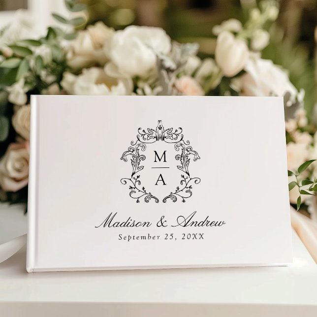Elegant Black Chinoiserie Crest Monogram Wedding Guest Book (Creator Uploaded)