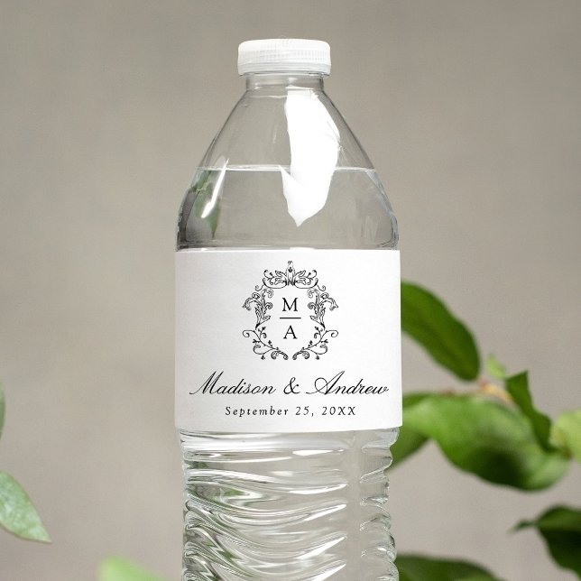 Elegant Black Chinoiserie Crest Monogram Wedding Water Bottle Label (Creator Uploaded)