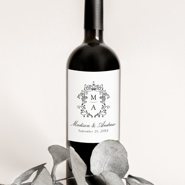 Elegant Black Chinoiserie Crest Monogram Wedding Wine Label (Creator Uploaded)