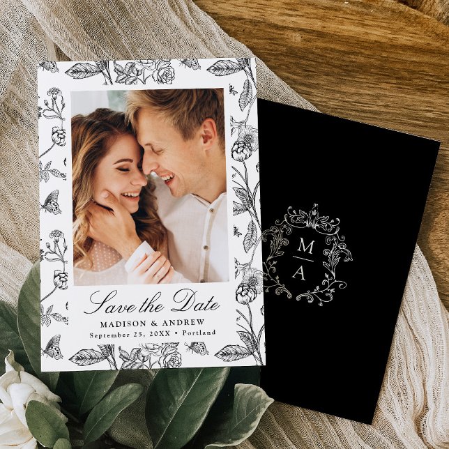 Elegant Black Chinoiserie Floral Photo Wedding Save The Date (Creator Uploaded)