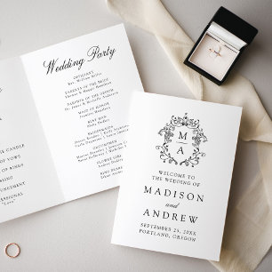 Elegant Black Chinoiserie Monogram Crest Wedding Programme