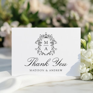 Elegant Black Chinoiserie Monogram Crest Wedding Thank You Card
