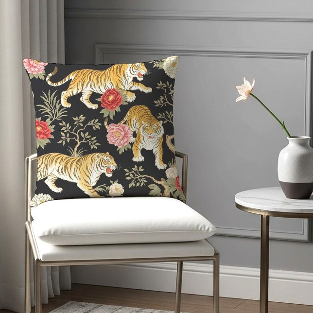 Elegant Black Chinoiserie Tiger and Peony Pattern Cushion (Creator Uploaded)