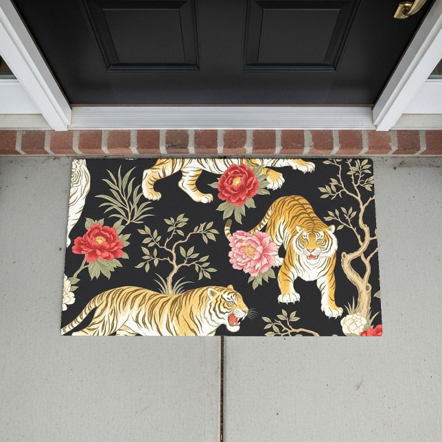 Elegant Black Chinoiserie Tiger and Peony Pattern Doormat (Creator Uploaded)