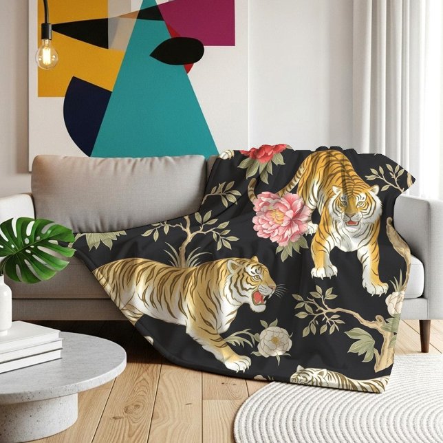 Elegant Black Chinoiserie Tiger and Peony Pattern Fleece Blanket (Creator Uploaded)