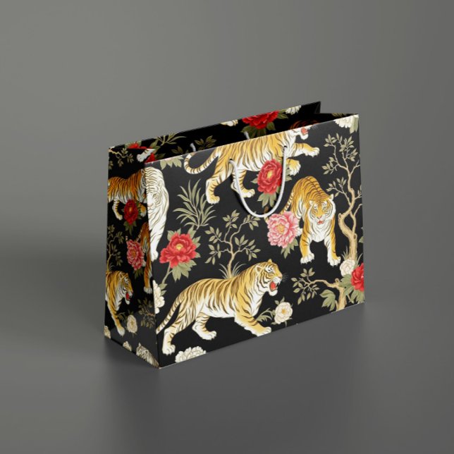 Elegant Black Chinoiserie Tiger and Peony Pattern Large Gift Bag (Creator Uploaded)