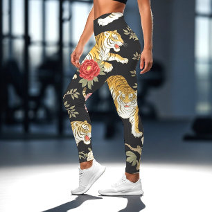 Elegant Black Chinoiserie Tiger and Peony Pattern Leggings