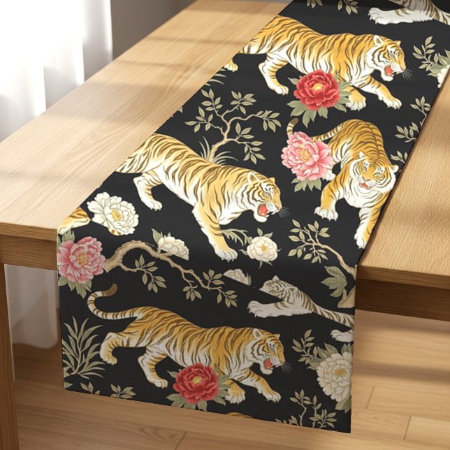 Elegant Black Chinoiserie Tiger and Peony Pattern Short Table Runner (Creator Uploaded)