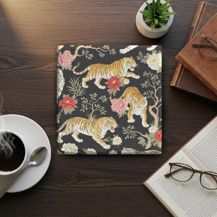 Elegant Black Chinoiserie Tiger and Peony Pattern Stone Coaster
