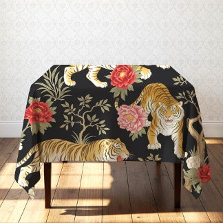 Elegant Black Chinoiserie Tiger and Peony Pattern Tablecloth