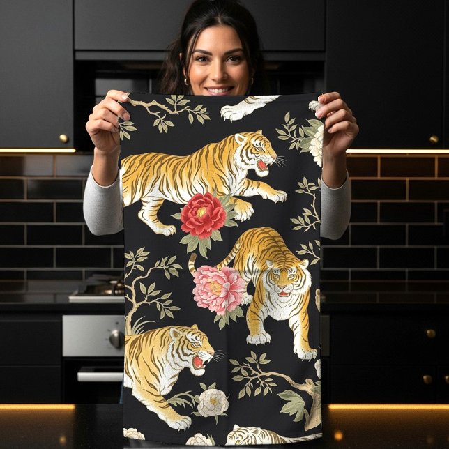 Elegant Black Chinoiserie Tiger and Peony Pattern Tea Towel (Creator Uploaded)