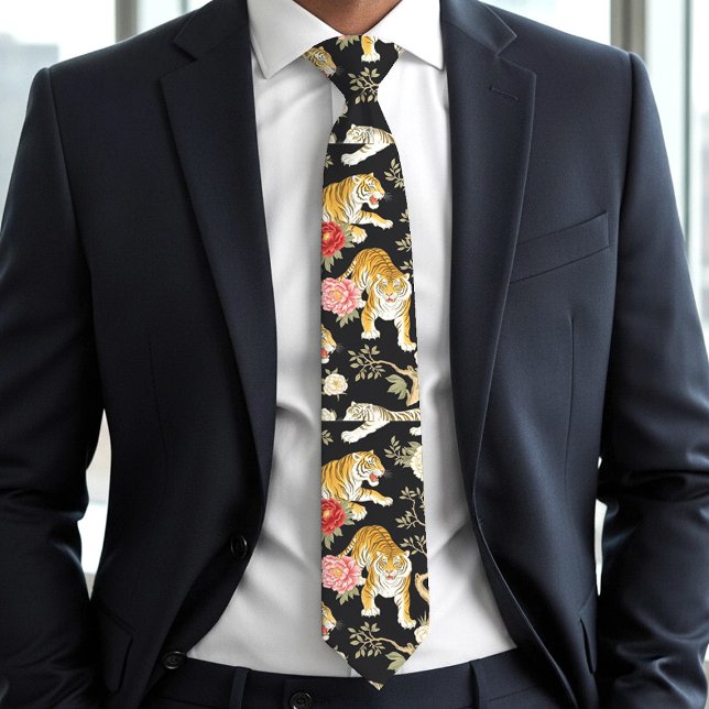 Elegant Black Chinoiserie Tiger and Peony Pattern Tie (Creator Uploaded)