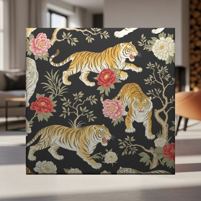 Elegant Black Chinoiserie Tiger and Peony Pattern Tile (Creator Uploaded)