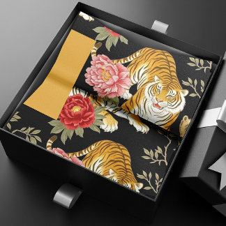 Elegant Black Chinoiserie Tiger and Peony Pattern Tissue Paper