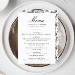 Elegant Black Chinoiserie Victorian Floral Wedding Menu<br><div class="desc">Elevate your wedding reception with our Elegant Black Chinoiserie Floral wedding menu. Designed with graceful black calligraphy on a clean white background, this menu is fully customisable with your names, wedding date, and menu details. The reverse side features a gorgeous black and white Chinoiserie floral pattern, adding a touch of...</div>