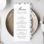 Elegant Black Chinoiserie Victorian Floral Wedding Menu<br><div class="desc">Create a stunning dining experience with our Elegant Black Chinoiserie Floral wedding menu. Featuring elegant black calligraphy on a crisp white background, this customisable menu allows couples to add their names, wedding date, and personalised menu offerings. The back showcases a beautiful black and white Chinoiserie floral pattern, adding a timeless...</div>