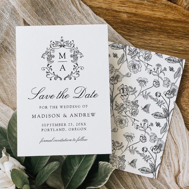 Elegant Black Chinoiserie Victorian Floral Wedding Save The Date (Creator Uploaded)