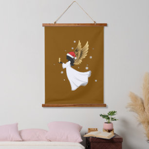 Elegant Black Christmas Angel with Golden Wings Hanging Tapestry