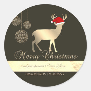 Elegant Black, Christmas Deer ,Santa Hat,Company  Classic Round Sticker