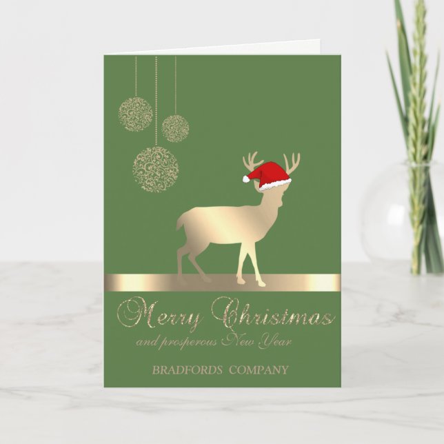 Elegant Black, Christmas Deer ,Santa Hat,Company Holiday Card (Front)