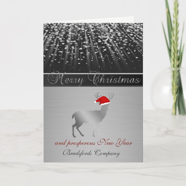 Elegant Black, Christmas Deer Santa Hat,Corporate Holiday Card (Front)