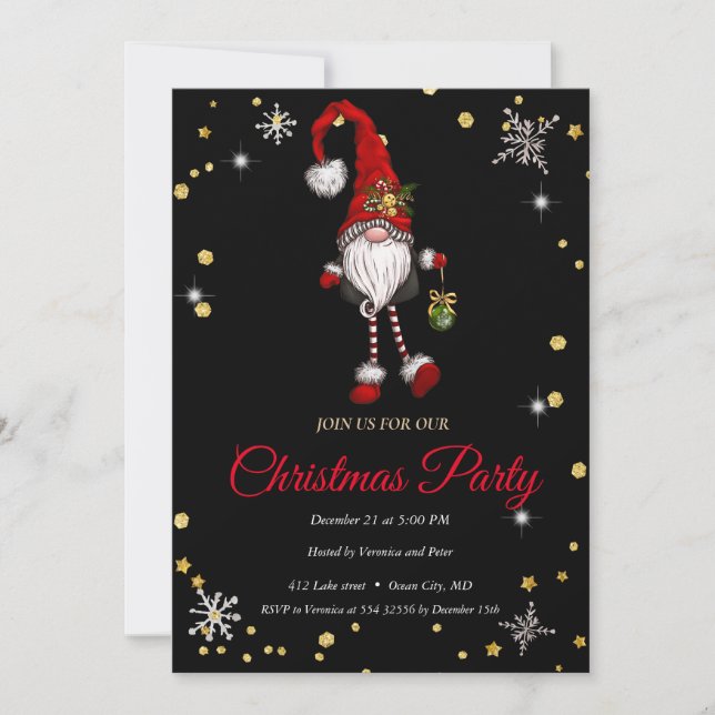 Elegant Black Christmas Gnome, Frame Christmas Invitation (Front)