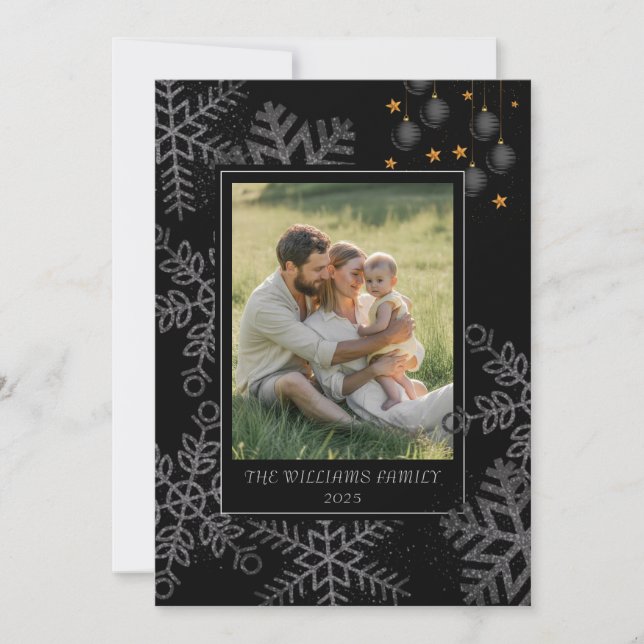 Elegant Black Christmas Greenery Wreath 4 Photo Ho Holiday Card (Front)