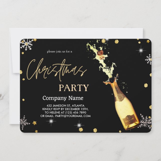 Elegant  Black Christmas Luxury Champagne Invitation (Front)