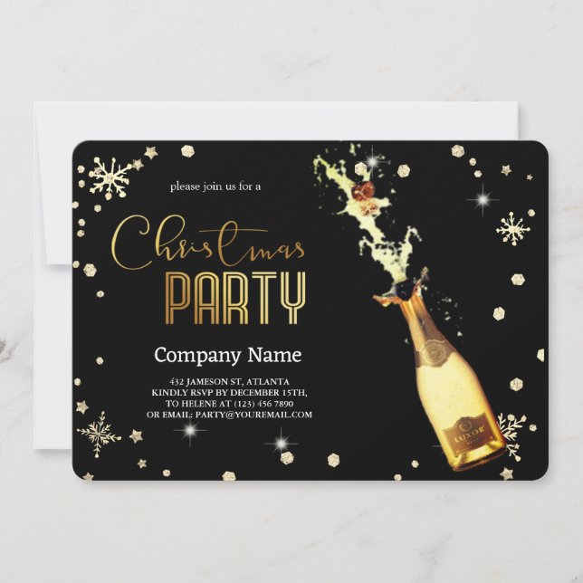 Elegant  Black Christmas Luxury Champagne Invitation (Front)