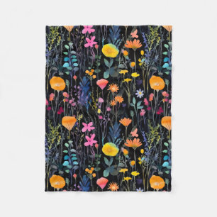 Elegant black colorful wildflowers watercolor fleece blanket
