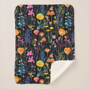 Elegant black colorful wildflowers watercolor sherpa blanket