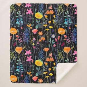 Elegant black colorful wildflowers watercolor sherpa blanket