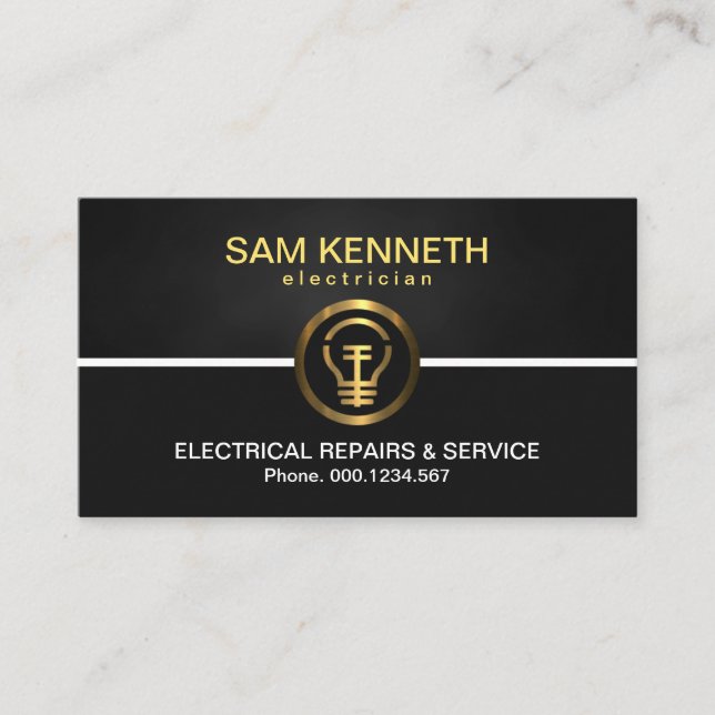 Elegant Black Columns Gold Light Bulb Electrician Business Card (Front)