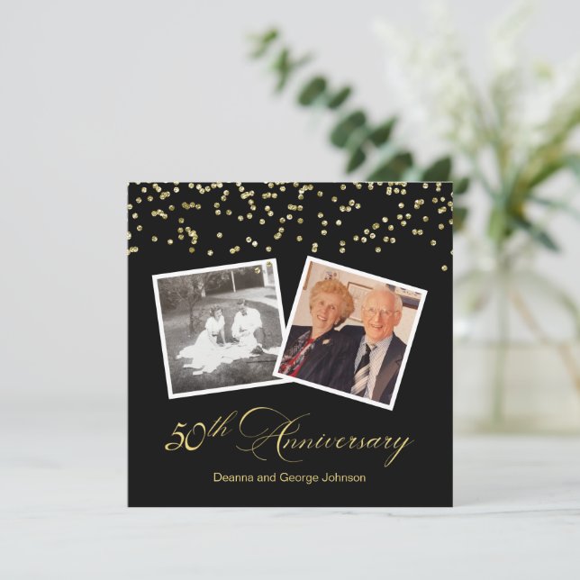 Elegant Black Confetti 50th Wedding Anniversary Invitation (Standing Front)