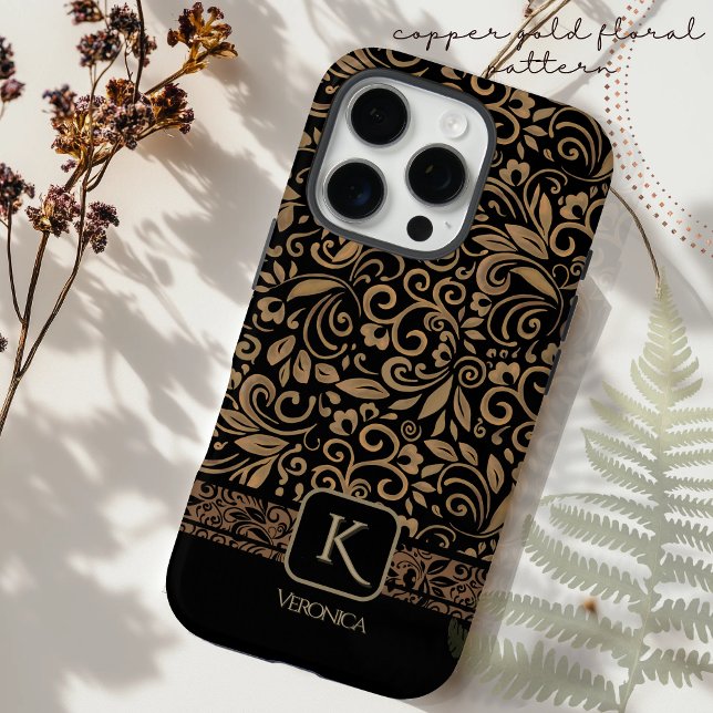 Elegant Black& Coper Gold Floral Monogram iPhone Case (Elegant Black& Copper Gold Floral Monogram Case-Mate iPhone Case)