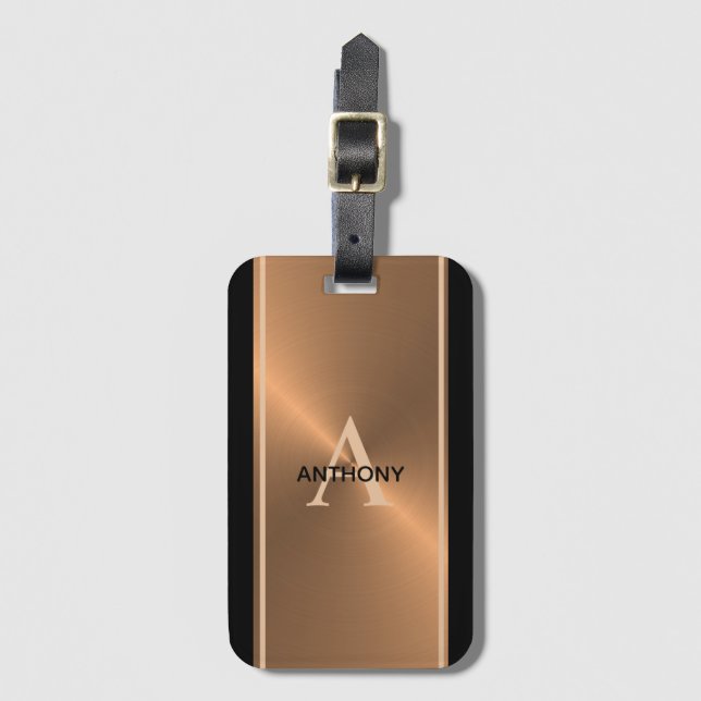 Elegant Black Copper Monogram Name Mens Luggage Tag (Front Vertical)